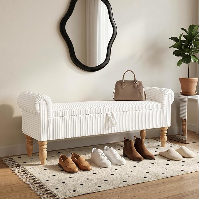 60" Corduroy Storage Bench, Queen End of Bed, White | Corduroy Upholstered, Bedroom/Entryway/Closet, Storage Ottoman Bench, Window Seat, Lift-Top, Tufted Button, Solid Wood Legs.