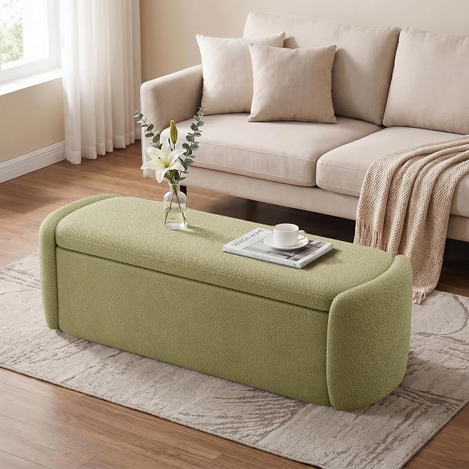 VKNOW Storage Bench, Upholstered Storage Ottoman Bench, Light Green | Ottoman Bench with Large Capacity, Curved Frame, King Size Bench, Storage Bench for Bedroom, Living Room, Entryway, Window