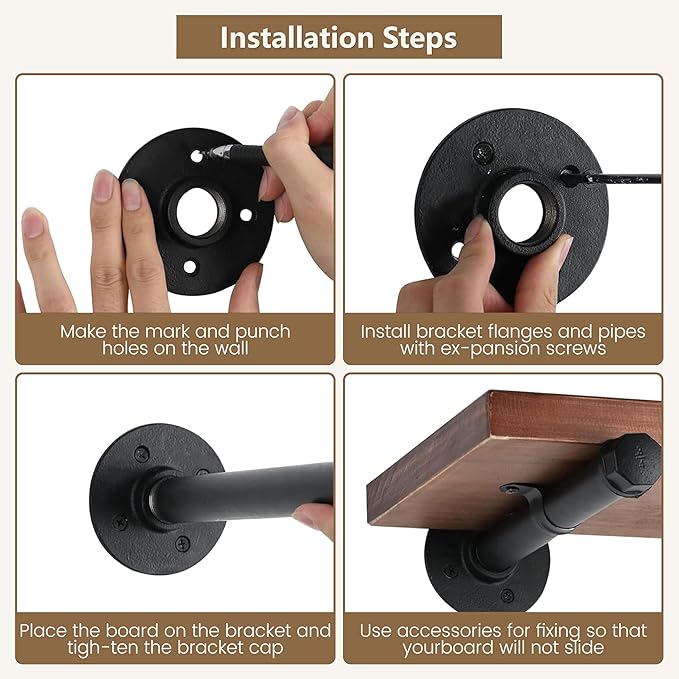 Industrial Pipe Shelf Brackets 6 Pack 16 Inch - Heavy Duty Black Iron for 10"-16" Wood-Wall Mount Floating Shelves Kit with All Hardware Included,Pipe Shelving Brackets , Black DIY Pipe Shelves