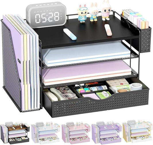 gianotter Wood Desk Organizers and Accessories with File Holder, 4-Tier Desk Accessories & Workspace Organizers with Drawer and Pen Holder, Desk Reference Organizer (Black, 4T with Drawer)