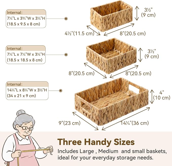 Granny Says Wicker Baskets For Shelves, Large Water Hyacinth Baskets | Small Woven Storage Baskets for Shelf, Rattan Basket For Organizing, Wicker Basket Set, 3-Pack Small Waterproof Baskets