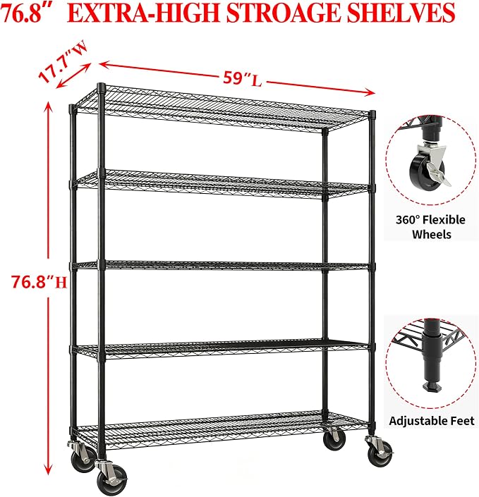 Garvee Storage Shelves, 5-Tier Metal Shelving Units with Wheels, 73" H x 59" W x 17.1" D, 3300 LBS Heavy Duty Wire Shelving Rolling Rack for Garage Kitchen Home Basement, Adjustable, Black