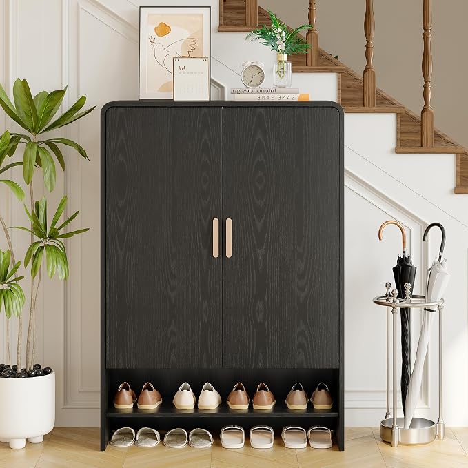 6-Tier Shoe Storage Cabinet, 45'' Large Farmhouse Shoe Cabinet for Entryway, Modern Wooden Shoe Organizer Cabinets with Doors and Shelves, for Front Door Hallway (Black)