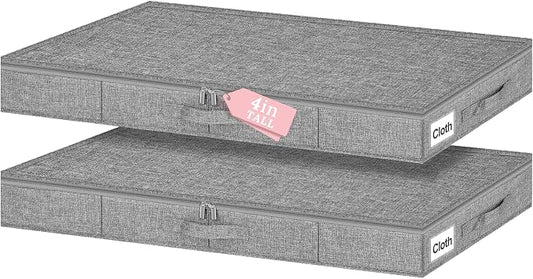 4-In Low Profile Under Bed Storage, Rigid Structure, 2 Pack, Gray | Below 4 Inch Low Space Storage, Rigid Sides & Bottom, Reinforced Handles, Foldable Design, for Couches, Cribs, Dorm Beds