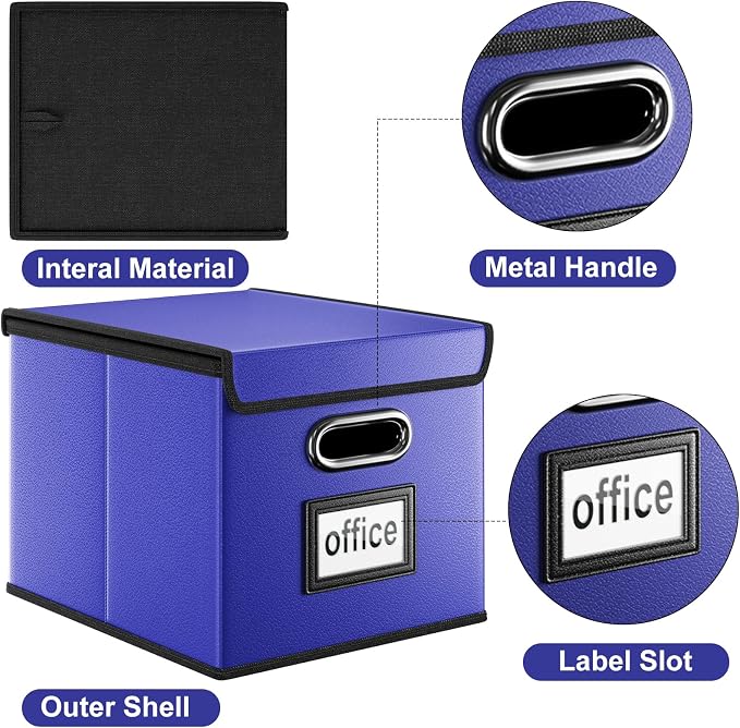File Organizer Box with Lids, Collapsible File Folder Organizer | File Box with Plastic Slides for Document, Filing Bin for Letter Size Hanging File Folders (4 Pack, Navy Blue, Leather)