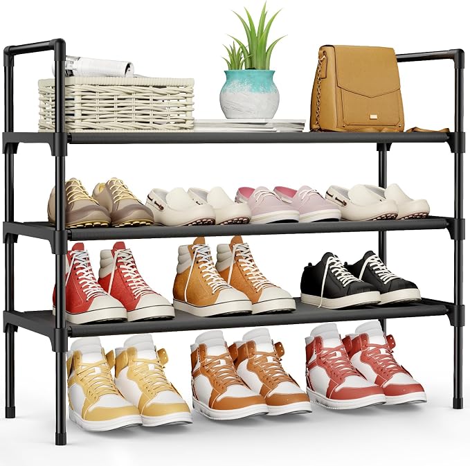 Kitsure Shoe Rack for Closet, Shoe Organizer, 27.6" Wide - 3 Tier, Black | Shoe Storage for Closet, Entryway, Easy- Assembly& Space-Saving Shoe Shelf with Side Handle, Closet Organizer
