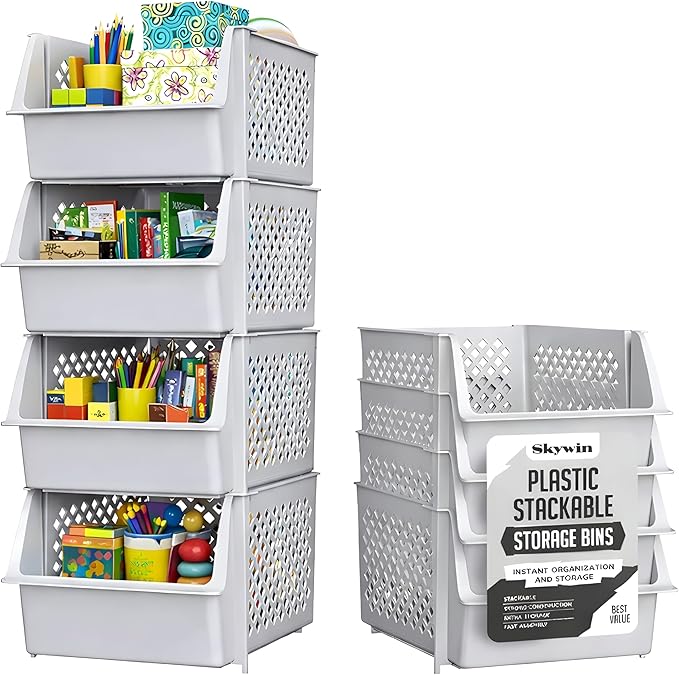 Stackable Storage Bins Open Front for Pantry Storage, 4 Pack - Light Grey | Sturdy Plastic, Easy Stacking, Open Front Access, Ventilated Sides, Vertical & Space Saving Pantry Organizers and Storage Bin