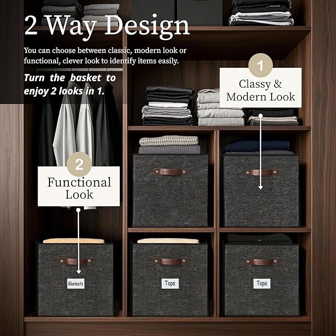 DECOMOMO Storage Bins, Storage Baskets for Shelves | 13" x 15" x 13" Storage Cube Bins with Labels for Organizing Shelves (Kallax, 4pcs, Black Pattern)