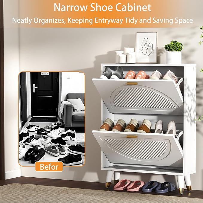 Narrow Shoe Cabinet Storage for Entryway: Cabinet Shoe Rack Organizer, White Shoes Cabinets with 4 Flip Drawers, Modern Shoes Storage Entryway for Front Door Entrance (2 Piece, 25")