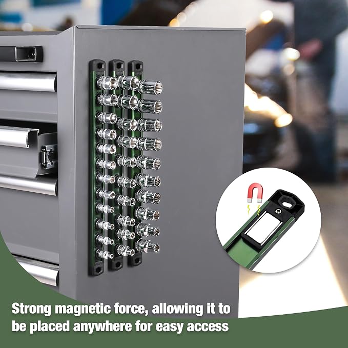 WORKPRO Magnetic Socket Organizer, Heavy Duty 3/8-Inch Drive Socket Rail | 1 Piece Socket Holder with 10 Spots, Aluminum Alloy, Rotatable & Movable Clips, Efficient Organization