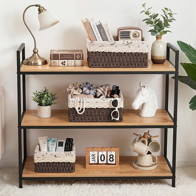 Wicker Storage Baskets Set of 3, Handwoven Paper Rope Organizer Bins with Removable Floral Liner, Small Medium Large for Bathroom, Pantry, Shelf, Countertop, Closet (Brown, L+M+S)