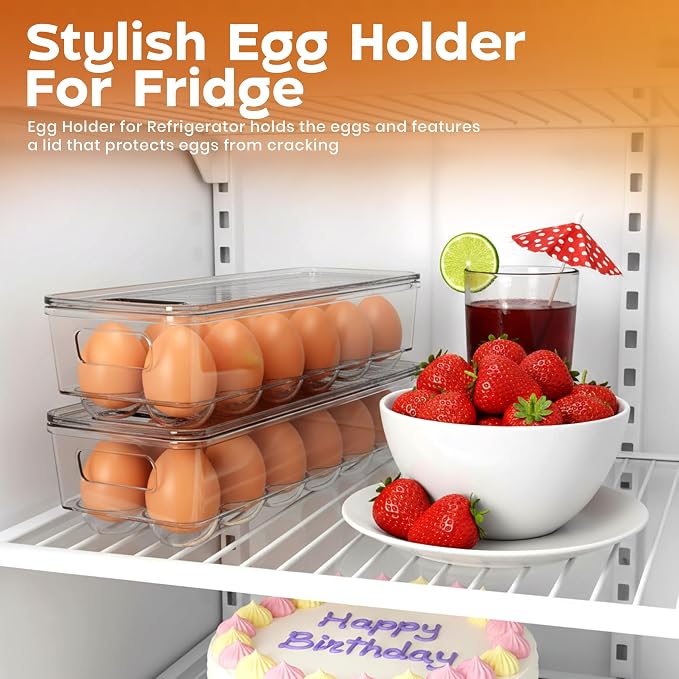 Utopia Home Egg Container With Lid and Handle for Refrigerator - Pack of 3 - Clear Stackable Egg Holder for Kitchen Storage and organization