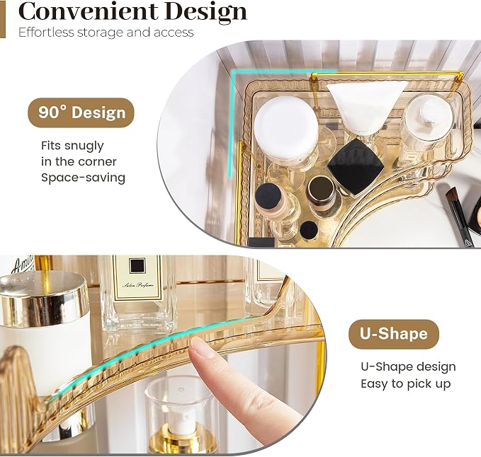 Aveniee Corner Bathroom Counter Organizer, Bathroom Countertop Shelf Makeup Organizer for Vanity Perfume Tray for Corner Storage (3 Tiers, Gold)