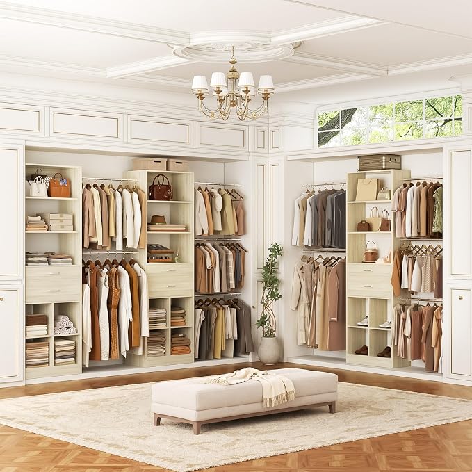 Besiost Closet System, 4-8 FT Closet Organizer Systems with 2 Wooden Drawers and 5 Hanging Rods, Can Fit 60 to 96 inch Walk-in Closet System, Greige Oak