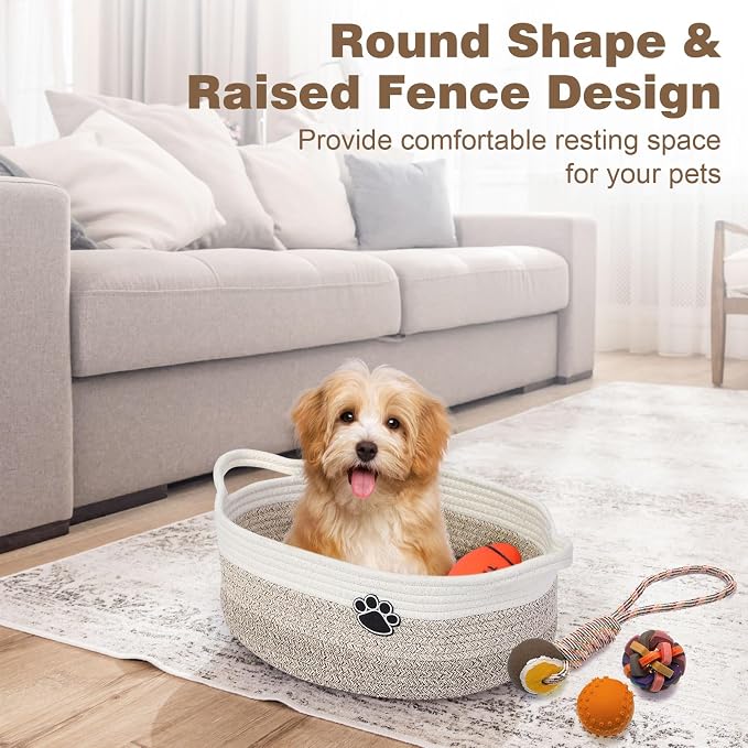 Optish Dog Toy Basket, Toy Box and Bin for Dog Cat Storage, 13.5" X 11" X 5" Small Woven Rope Basket for Baby Storage, Closet, Living Room, White & Brown