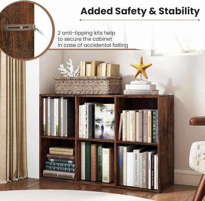 Giantex 6-Cube Bookcase, 3-Tier Cubby Bookshelf, Horizontal Vertical Display Rack with Anti-Tipping Kits, Modern Storage Organizer Shelf Unit for Living Room, Home Office, Rustic Brown | Horizontal Vertical Display Rack with Anti-Tipping Kits, Modern S...