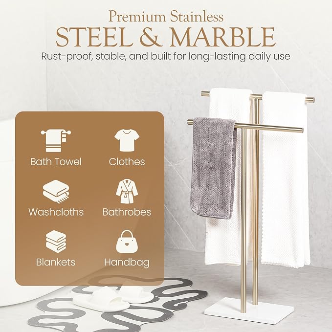 Free Standing Towel Rack for Bathroom - Satin Gold Finish - Stand Alone 2 Tier Stainless Steel Towel Rack for Bathroom Floor with Heavy Marble Base, Double T Shape Drying Stand for Towels