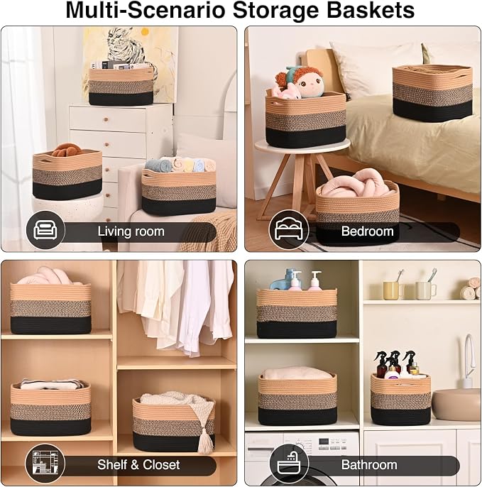ICERZCZ Storage Baskets for Organizing Shelves, Decorative Baskets for Storage, Woven Cotton Rope Basket for Living Room Bedroom Nursery, 15"x11"x9.5", 3 Packs, Gradient Black & Jute