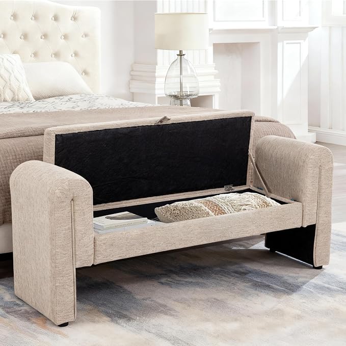 65" Velvet Button Tufted Storage Ottoman Bench Wood Legs Bedroom (Oatmeal)