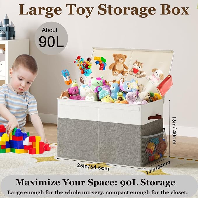 Large Toy Storage Box with Lid Upgraded Toy Storage Chest Organizer with Divider Foldable Toy Bin for Kids Boys Girls Playroom Nursery Bedroom (25"x13"x16")