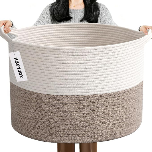 115L Extra Large Blanket Basket,Woven Laundry Basket- White & Brown | Collapsible Nursery Storage Bin with Sturdy Handles, Organizes Clothes, Toys and Pillows for Living Room, Bedroom, Bathroom