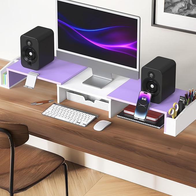 Simple Houseware Desk Dual Monitor Stand Riser with Drawer, Purple | Customizable Organizer Tray, Built-In Phone & Tablet Slot and Side Storage
