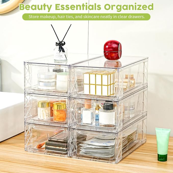 6 Pack Acrylic Storage Drawers, Clear Stackable Storage Drawers, Acrylic Organizers Drawers for Under Sink, Pantry, Bathroom, Makeup Organizers Cosmetic Display,Classroom Storage Organization, Medium