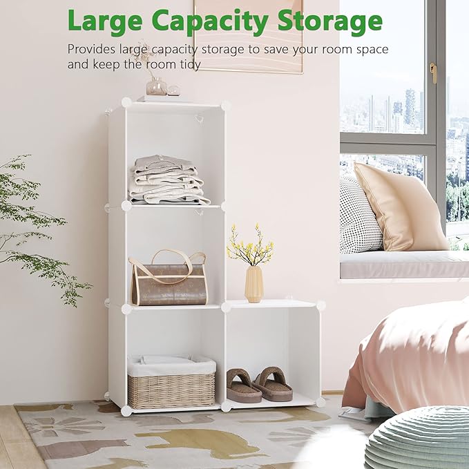C&AHOME Plastic Cube Storage Organizer, 4-Cube Shelves Units, Milky | DIY Modular Bookshelf, Portable Closet Organizers and Storage Ideal for Bedroom, Office, 24.8" L x 12.4" W x 24.8" H