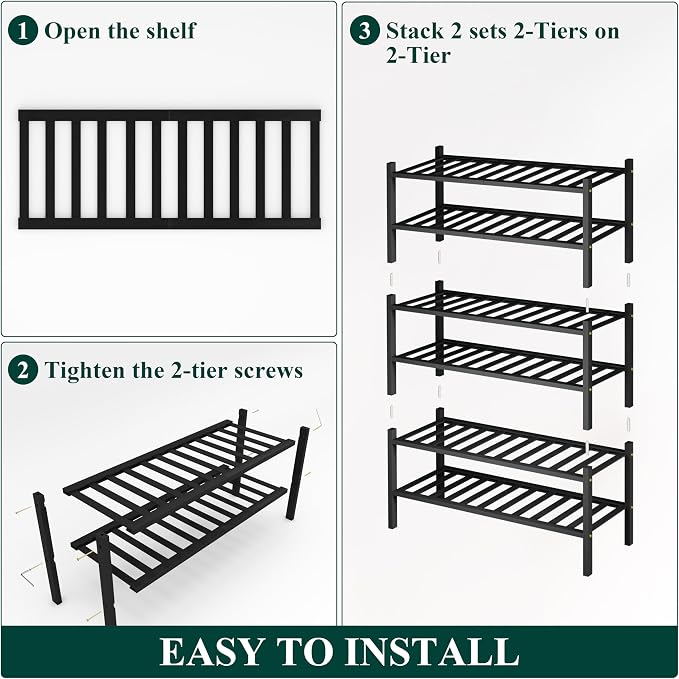 Smiry Bamboo Shoe Rack, 14 Vertical Slats, 6 Tier - 26.8" Wide, Black | Stackable Free Standing Wooden Shoe Organizer, Wood Shoe Storage Shelf for Closet, Entryway, Thicher Leg