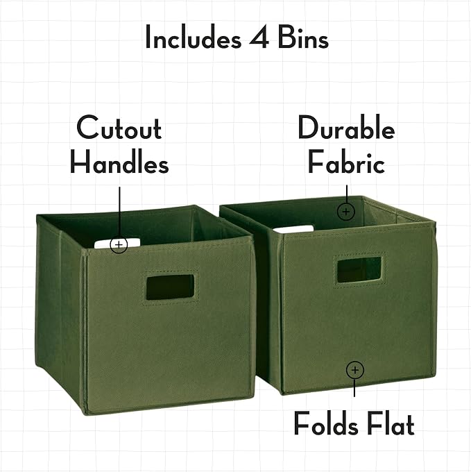 RiverRidge Folding Storage Bins - 4-pack of 10in Tall Olive Cubes | Fabric Bins, Set of 4 Storage Cubes, Cut-out Handles, Playroom Closet Organizer, Collapsible Cubby with Bottom Board Insert