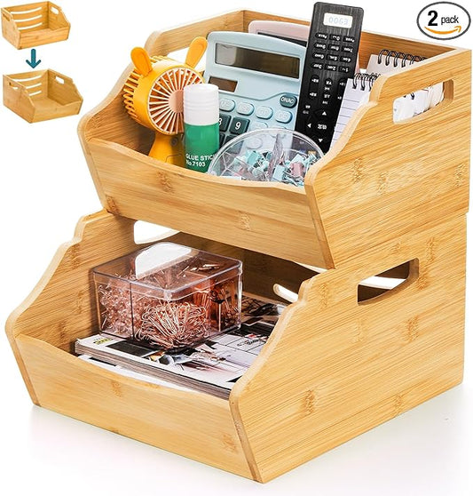 Cididu 2 Pack Bamboo Stackable Storage Bin, Countertop Open Front Stacking Bins, 2 Tier Organize Basket Box with Handle, Food Fruit Container for Cabinet, Kitchen, Studio, Office