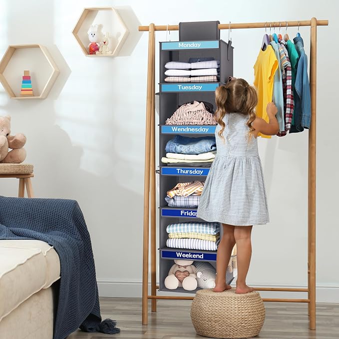 Fixwal Weekly Kids Clothes Organizer 2 Pack 6-Shelf Hanging Storage | Nonwoven Fabric, 6 Daily Shelves, 6 Mesh Side Pockets, 2 Metal Hooks, Foldable Design, for Kids Outfits and Accessories