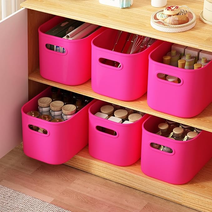 ORGIDOL 6 Pack Pink Storage Bins with Lids Stackable Storage Container for Organizing, Storage Boxes with Handle for Shelves, Cute Storage Bin for Craft, Snacks, 9.85x6.9x5.7 inch