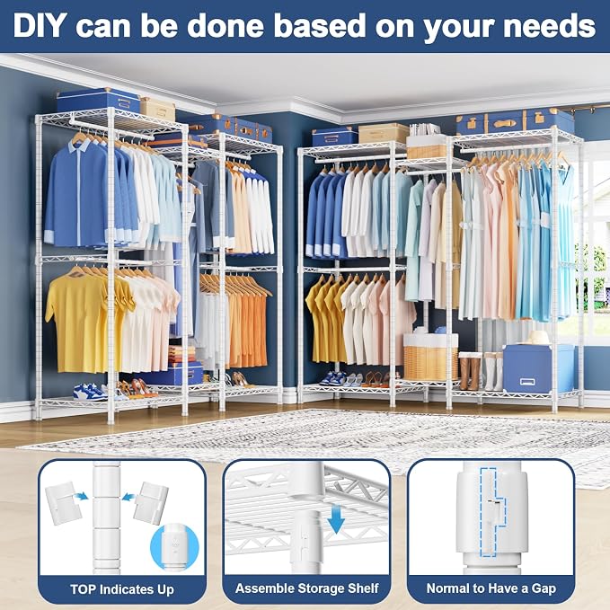 E12 Clothes Rack，Heavy Duty Freestanding Garment Rack with Shelves，Metal Clothing Closet Storage System for Hanging Clothes，57.1" W x 16" D x 76.5" H, Hold 860 lbs，White