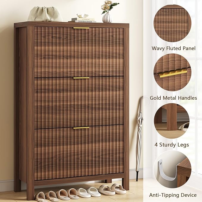 32" Fluted Shoe Cabinet Storage with 3 Flip Drawers for Entryway, Hallway | Hidden Shoe Rack Slim Freestanding Shoe Organizer with Legs for Hallway, Living Room, Walnut