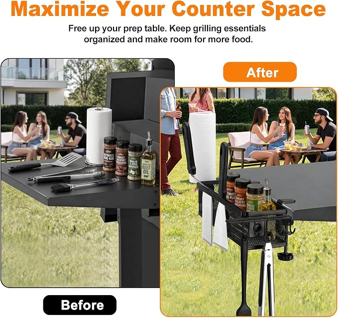 Griddle Caddy Side Shelf Organizer Grill Tool Holder (Black) | Steel Grill Tool Holder with Paper Towel Rack No-Drill Outdoor Cooking Accessories Storage for Flat Top Grills & BBQ Stations