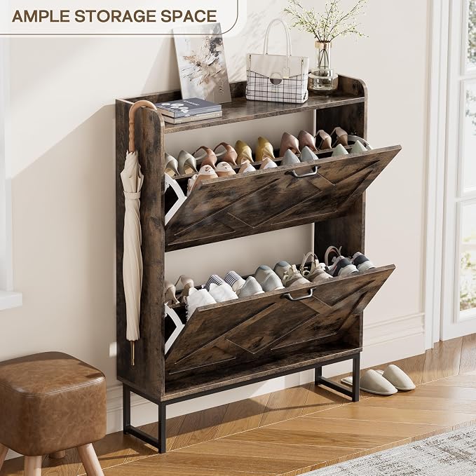 Nicetree Shoe Cabinet with 2 Flip Drawers, Entryway Organizer, Chestnut | Slim Wood Shoe Rack with Metal Legs, Farmhouse Shoe Cabinet Storage for Entryway, Foyer, Hallway, Shoe Dresser with Hook