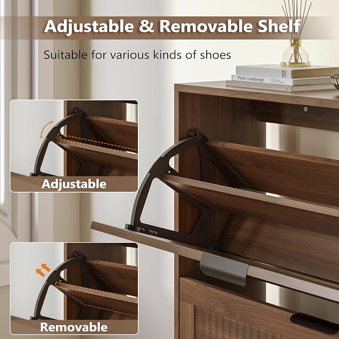 BORNOON Shoe Cabinet for Entryway with 2 Flip Drawers, Slim Wooden Shoe Storage Organizer with Modern Fluted Pannel，Freestanding Narrow Hidden Shoe Rack for Hallway, Foyer, Living Room