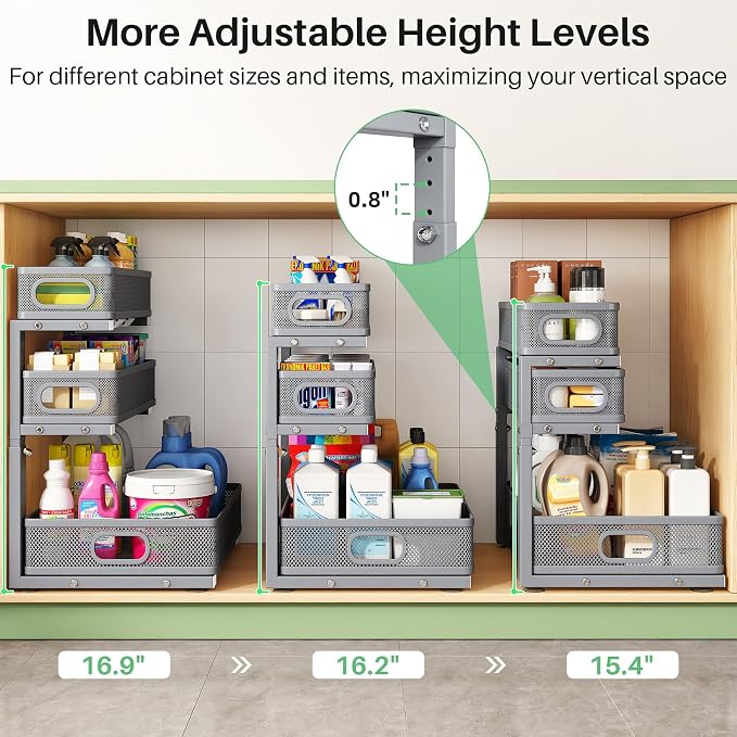 Kitstorack Under Sink Organizer, 1-Pack 3-Tier Height Adjustable Thickened Metal Pull out Cabinet Organizer Shelf, Slide out Storage Drawer Rack for Bathroom Kitchen Pantry Home Organization, Grey