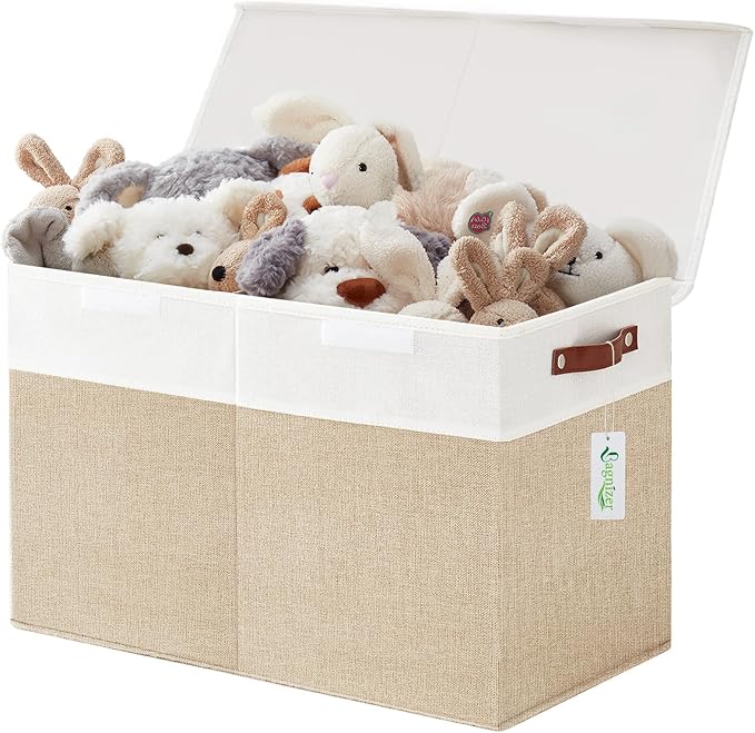 Bagnizer Large Toy Storage Box with Lids, Collapsible Sturdy Baby Storage Organizer Chest Bin Basket for Kids, Boys, Girls, Playroom, Nursery, Bedroom, Closet 25"x13"x16" (Beige and White)