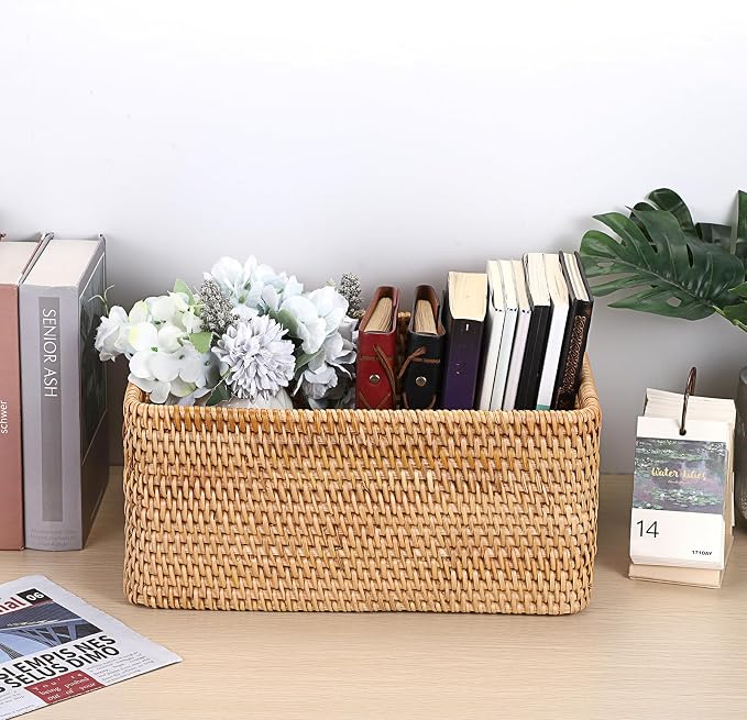 Hipiwe Rattan Wicker Basket for Shelf Organizer Natural Basket with Handles | Handwoven Open Storage Bin Rectangular Closet Organizer Bin Multipurpose Storage Box, 13.8" x 9.8" x 6.3"