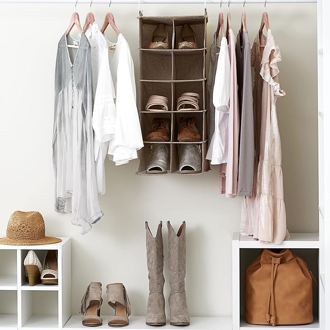 Household Essentials 10‑Pocket Hanging Shoe Organizer with Side‑by‑Side Canvas Storage and 2 Hooks for Support, Beige
