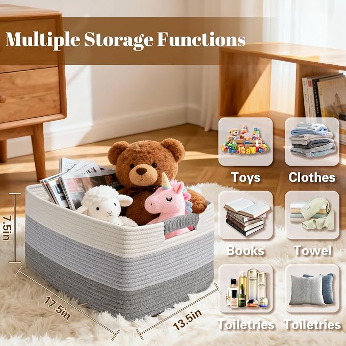 2 Pack Large Storage Basket for Organizing, 17.5"x13"x7" Woven Basket for Shelves, Closet Cube Storage Bins with Wrapped Handle, Cotton Rope Baskets for Kitchen, Clothes, Toys(Gradient Grey)