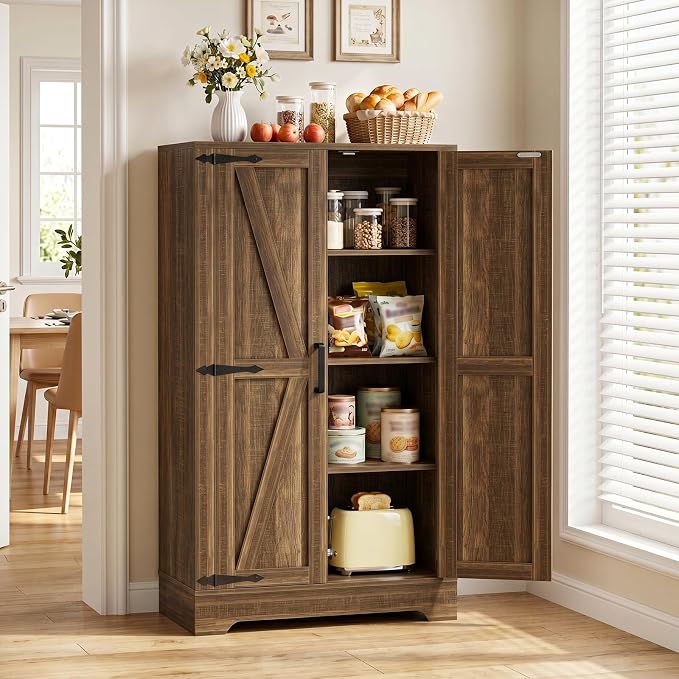 Unikito 43.3" Farmhouse Storage Cabinet with Doors and Adjustable Shelves | Wood Pantry Cabinet, Small Sideboard Cabinet, Short File Cabinet for Dining Room, Living Room, Bathroom, Home Office