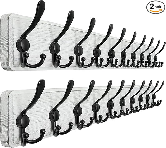 Coat Rack Wall - Heavy-Duty 38-1/4" Long, with Reinforced 10 Custom Tri-Hooks, Solid Wood Wall Hanger for Coats Hat Jackets - Rustic Farmhouse Entryway Storage, White & Black, Pack of 2