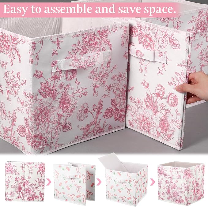 6 Pcs Pink Floral Cube Storage Bins 11 Inch Pink Flower Storage Basket with Handle, Preppy Girls Organizer Basket, Collapsible Fabric Box for Classroom Bedrooms Office Home Decoration Gift