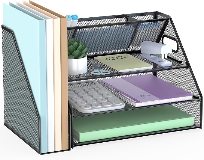 Docnest 3 Tier Desk Organizer with File Holder & Pen Holder, Black | Features 3 built-in pen holders with removable dividers. Space-saving mesh storage for office mail, files & stationery