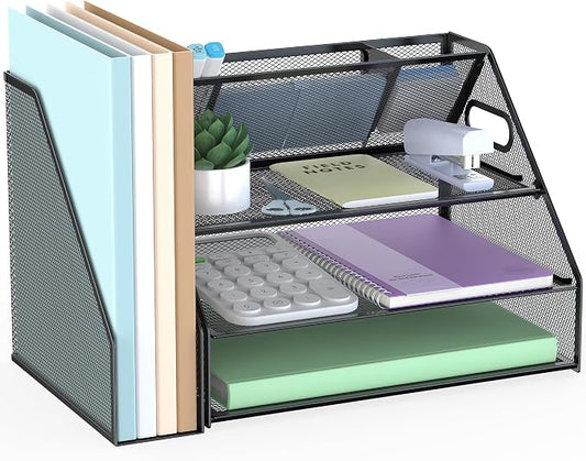 Docnest 3 Tier Desk Organizer with File Holder & Pen Holder, Black | Features 3 built-in pen holders with removable dividers. Space-saving mesh storage for office mail, files & stationery