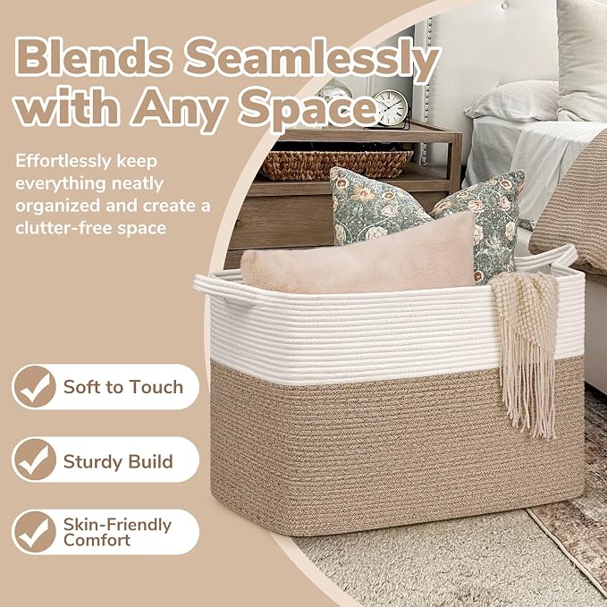 Goodpick 105L Extra Large Cotton Rope Blanket Basket, White & Light Brown | 25 x 16 x 16 in, Reinforced Handles, Living Room, Bedroom & Nursery Organization, Blankets, Toys, Clothes & Pillows Storage