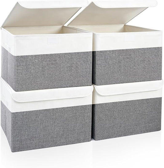 Bagnizer Large 22 Quart Linen Fabric Foldable Storage Bin Cube Organizer Basket with Flip-Top Lid & Handles, Clothes Blanket Box for Home, Office, Closet, Gray & White, 4 Pack 14.6 x 9.5 x 9.5”